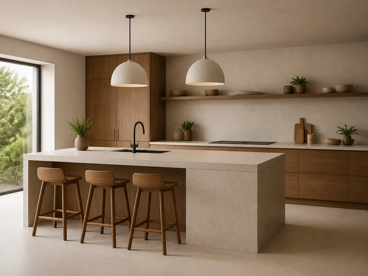 Illustrative warm oak kitchen with a stone island