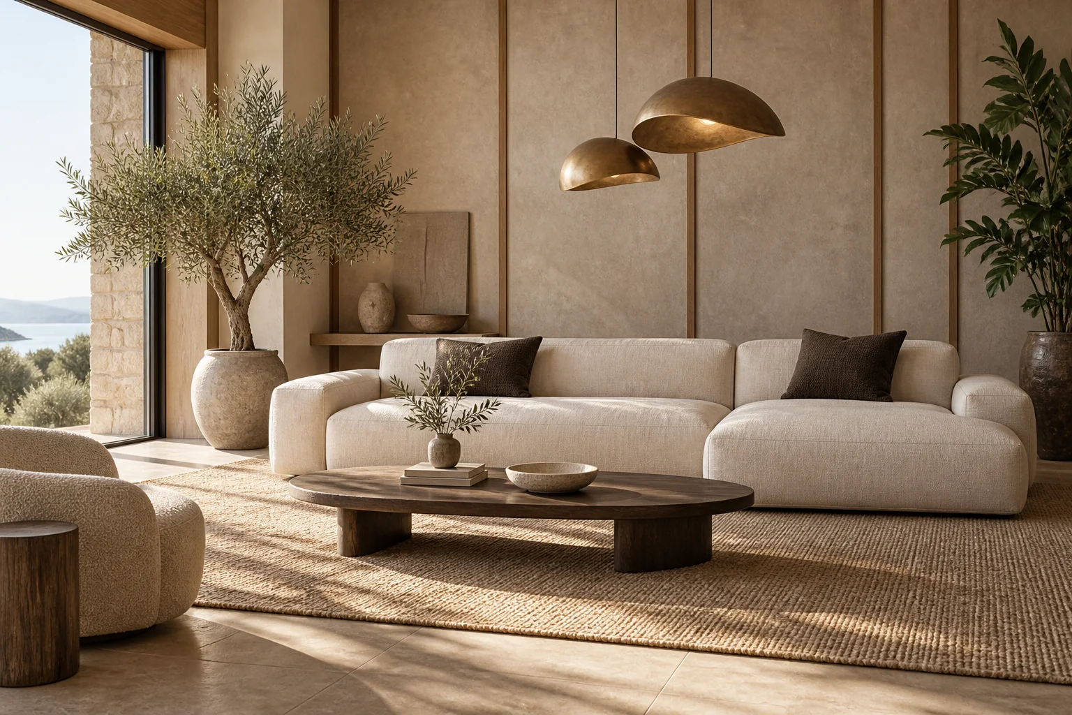 Illustrative living room with a cream sofa, sculptural pendants and natural materials