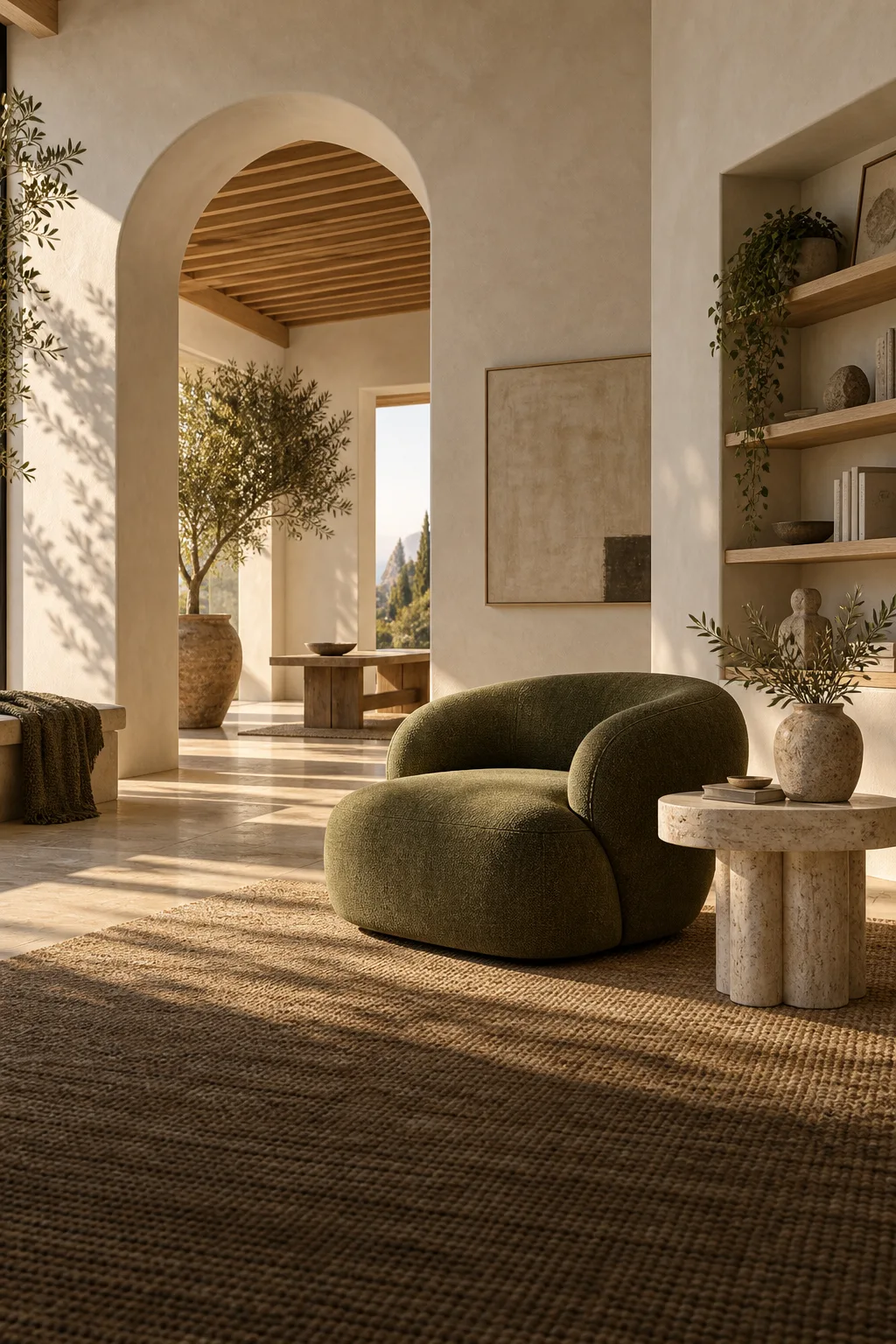 Illustrative sunlit room with an olive lounge chair